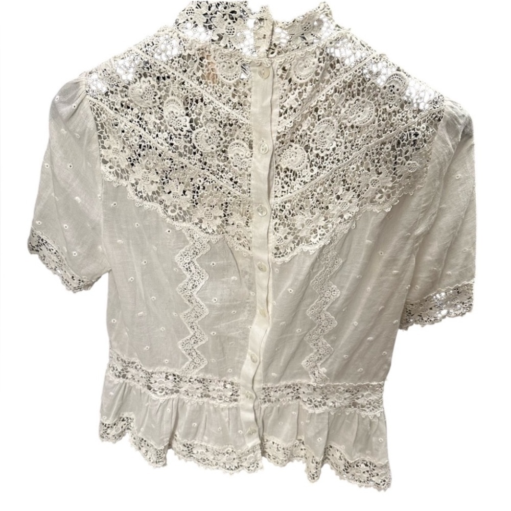 REBECCA TAYLOR CROCHET LACE EYELET PEPLUM TOP MOCK NECK COQUETTE GIRL size 4 - Picture 6 of 11